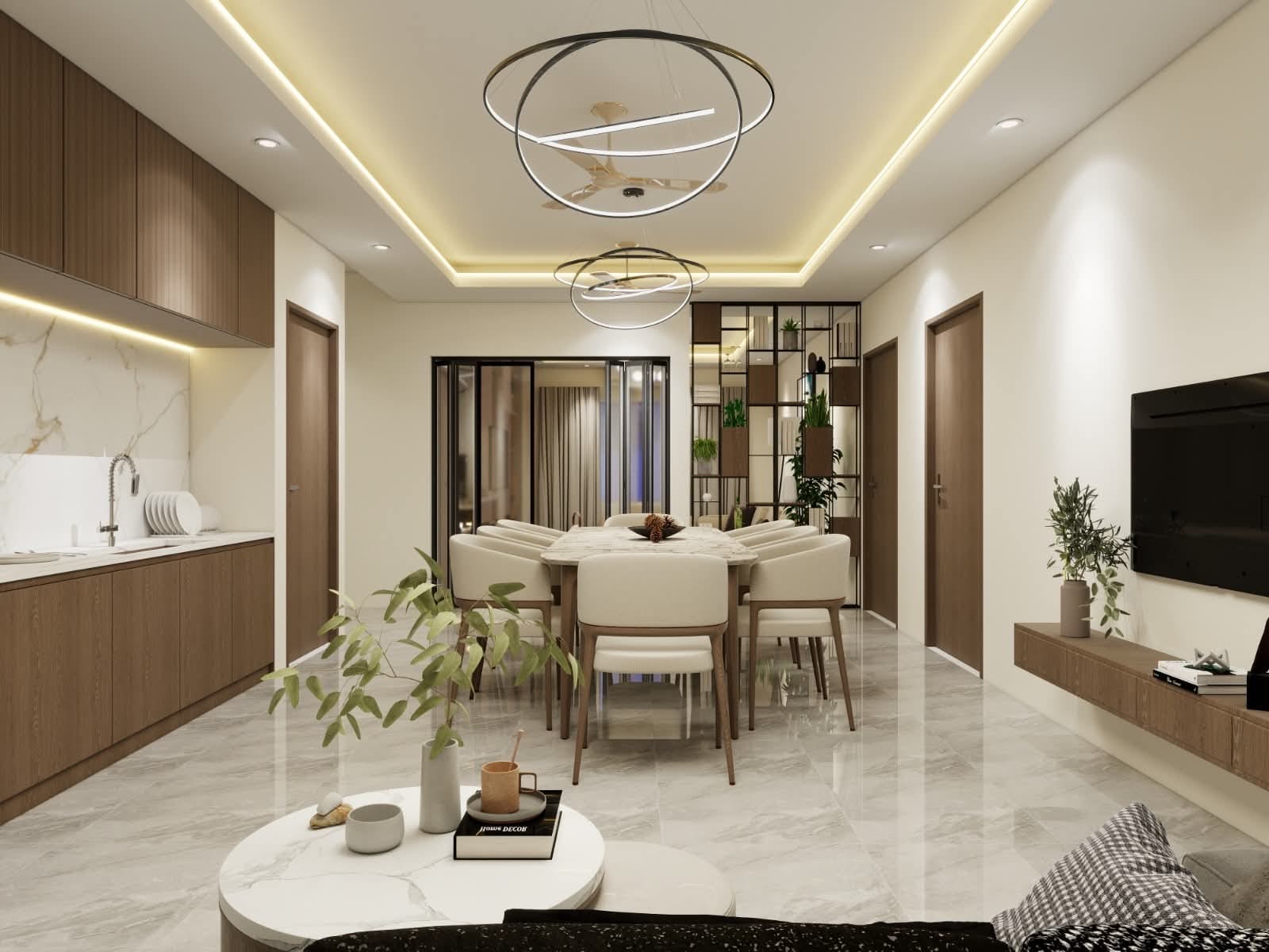 Interior render of an open-plan kitchen, dining and living space